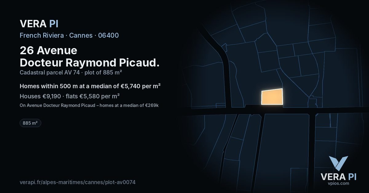 26 Avenue Docteur Raymond Picaud, Cannes at night – the plot lit, the parcels around coloured by the prices near them