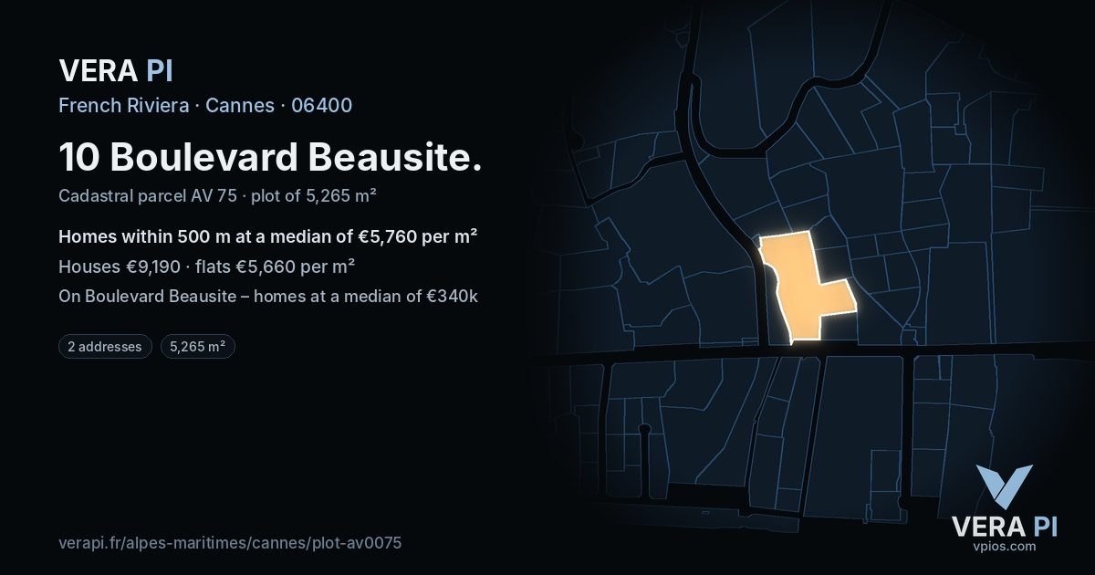 10 Boulevard Beausite, Cannes at night – the plot lit, the parcels around coloured by the prices near them