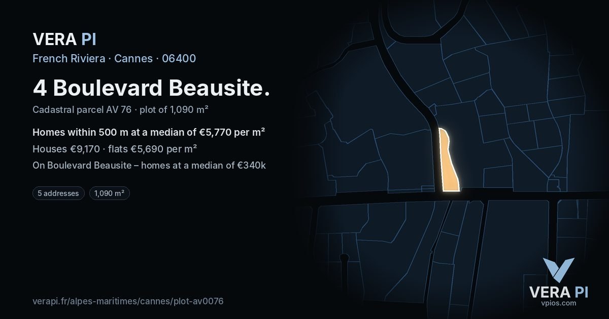 4 Boulevard Beausite, Cannes at night – the plot lit, the parcels around coloured by the prices near them