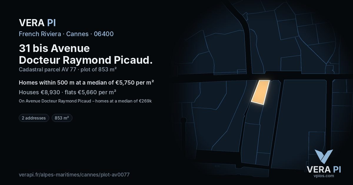 31 bis Avenue Docteur Raymond Picaud, Cannes at night – the plot lit, the parcels around coloured by the prices near them