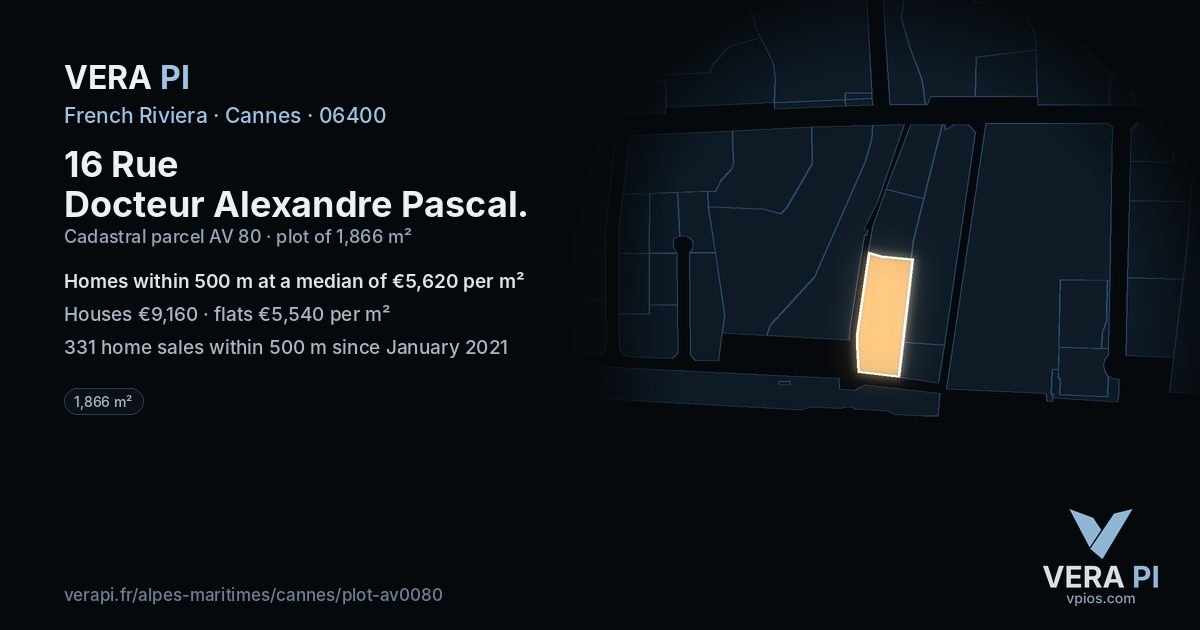16 Rue Docteur Alexandre Pascal, Cannes at night – the plot lit, the parcels around coloured by the prices near them