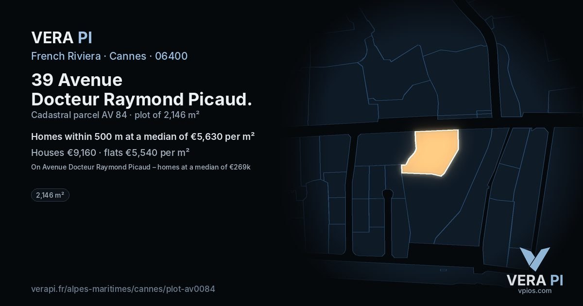 39 Avenue Docteur Raymond Picaud, Cannes at night – the plot lit, the parcels around coloured by the prices near them