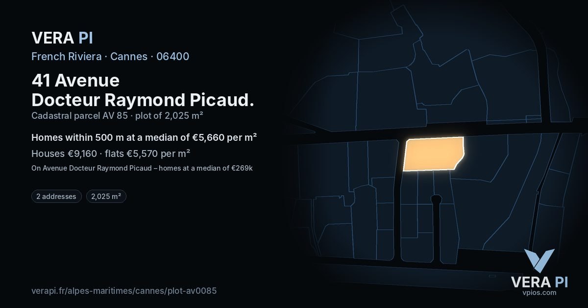 41 Avenue Docteur Raymond Picaud, Cannes at night – the plot lit, the parcels around coloured by the prices near them
