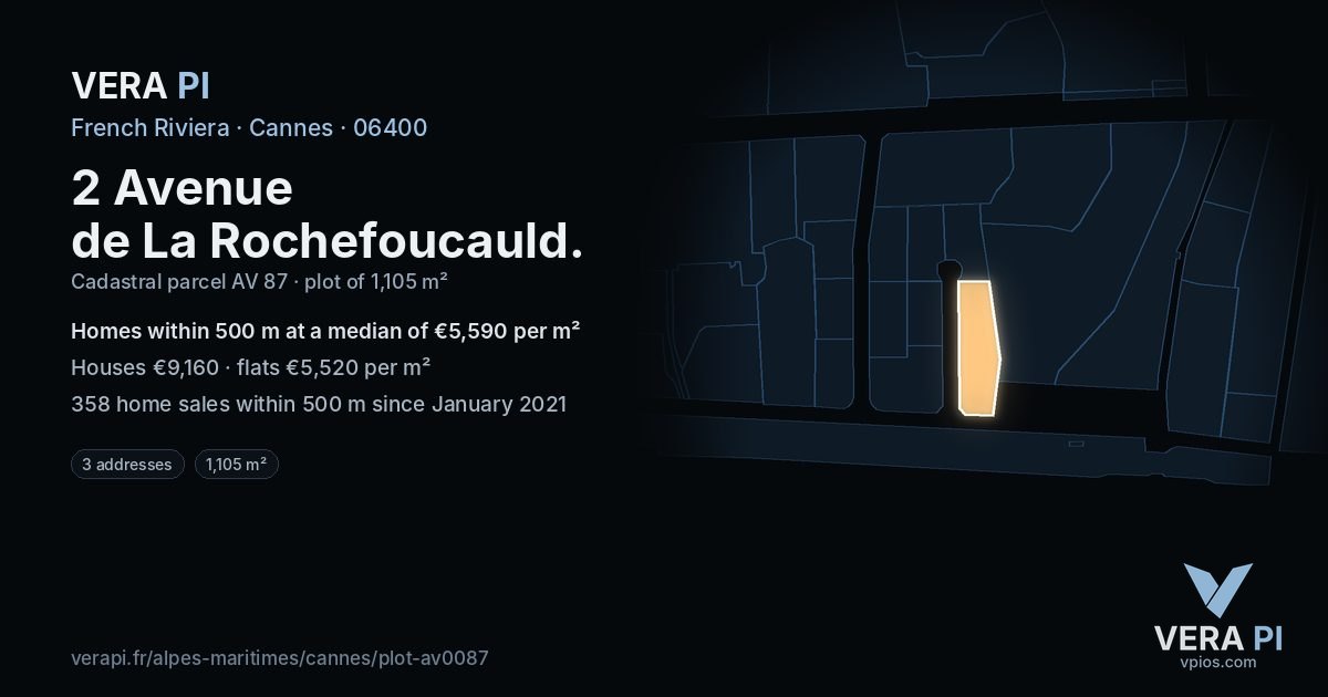 2 Avenue de La Rochefoucauld, Cannes at night – the plot lit, the parcels around coloured by the prices near them