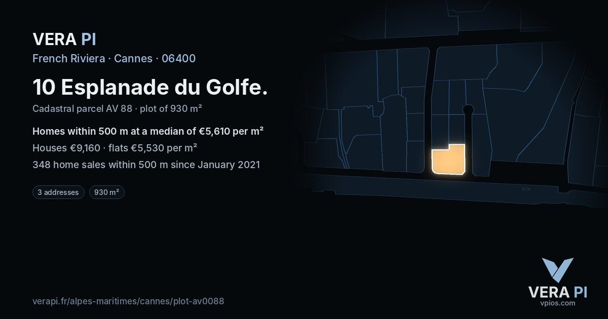 10 Esplanade du Golfe, Cannes at night – the plot lit, the parcels around coloured by the prices near them
