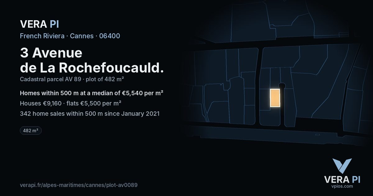3 Avenue de La Rochefoucauld, Cannes at night – the plot lit, the parcels around coloured by the prices near them