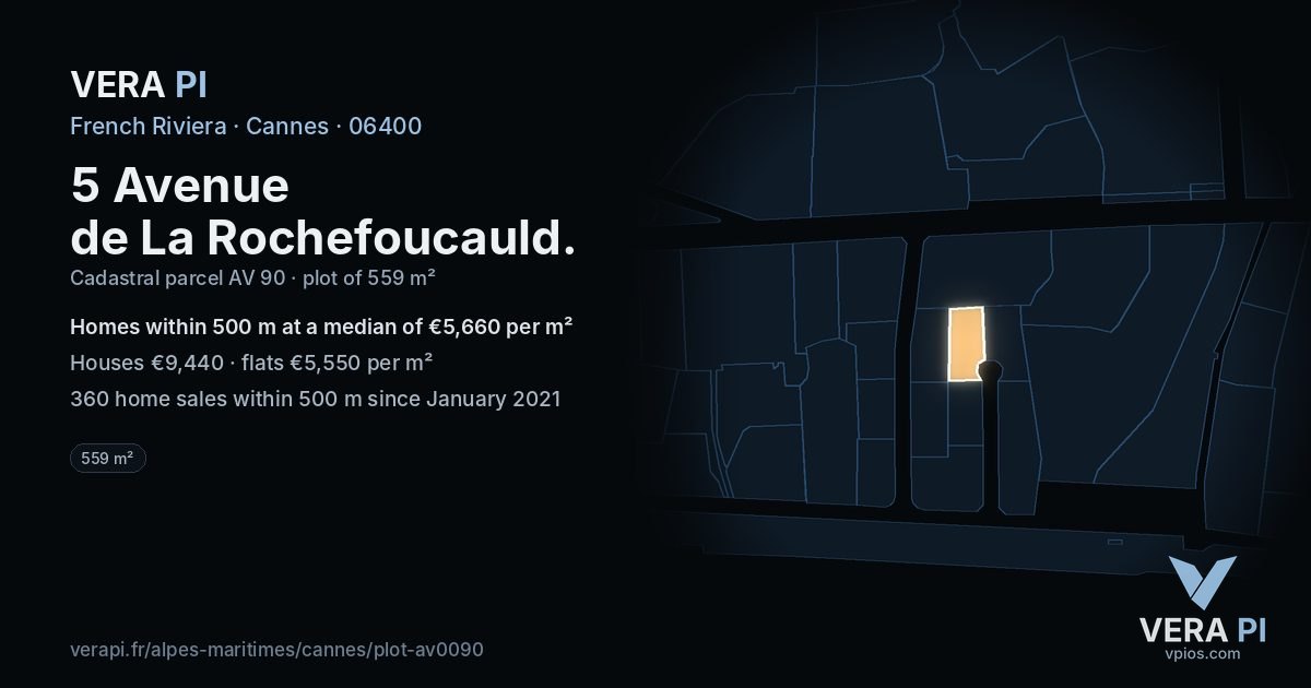 5 Avenue de La Rochefoucauld, Cannes at night – the plot lit, the parcels around coloured by the prices near them