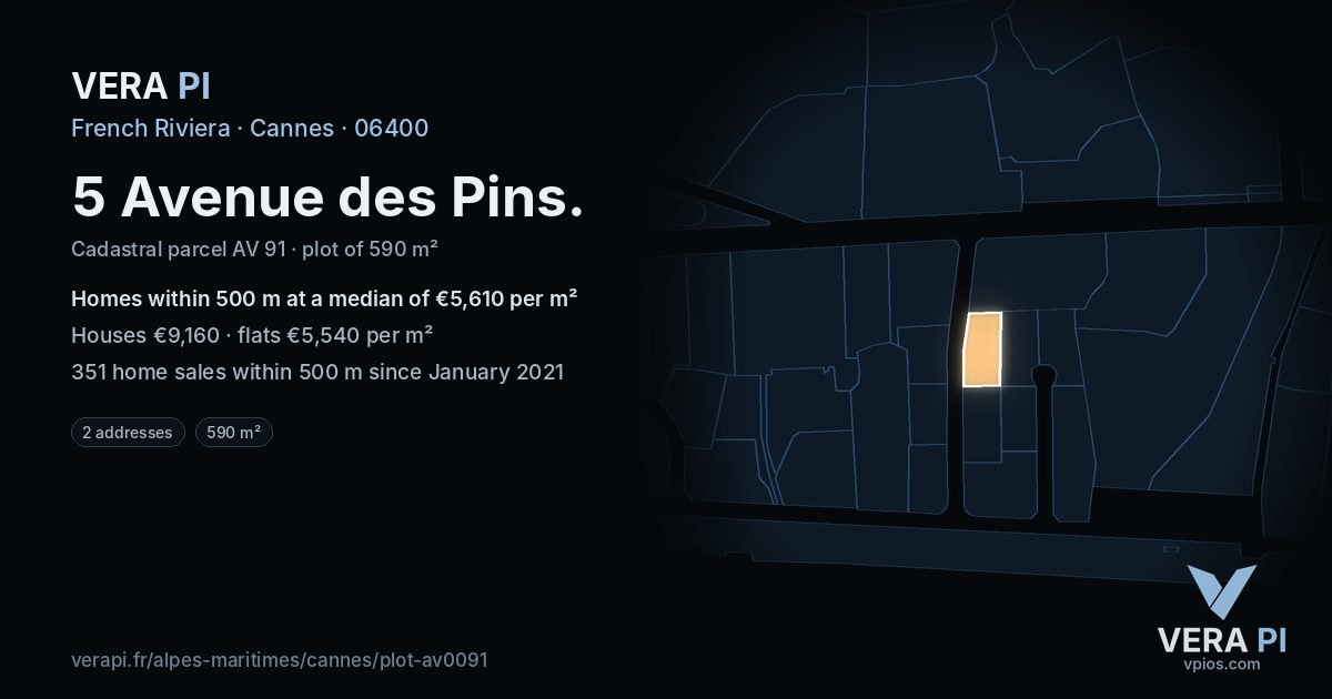 5 Avenue des Pins, Cannes at night – the plot lit, the parcels around coloured by the prices near them