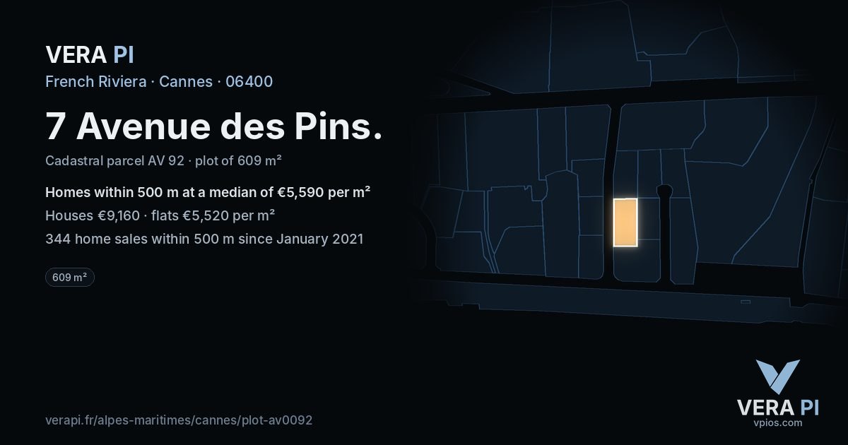 7 Avenue des Pins, Cannes at night – the plot lit, the parcels around coloured by the prices near them
