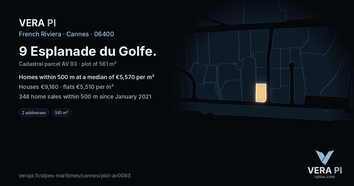 9 Esplanade du Golfe, Cannes at night – the plot lit, the parcels around coloured by the prices near them