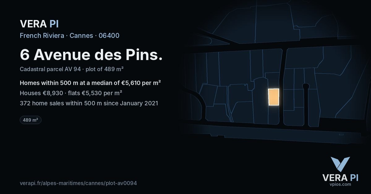 6 Avenue des Pins, Cannes at night – the plot lit, the parcels around coloured by the prices near them