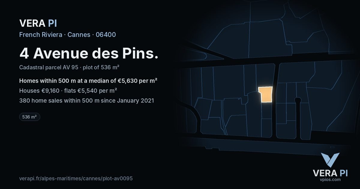 4 Avenue des Pins, Cannes at night – the plot lit, the parcels around coloured by the prices near them