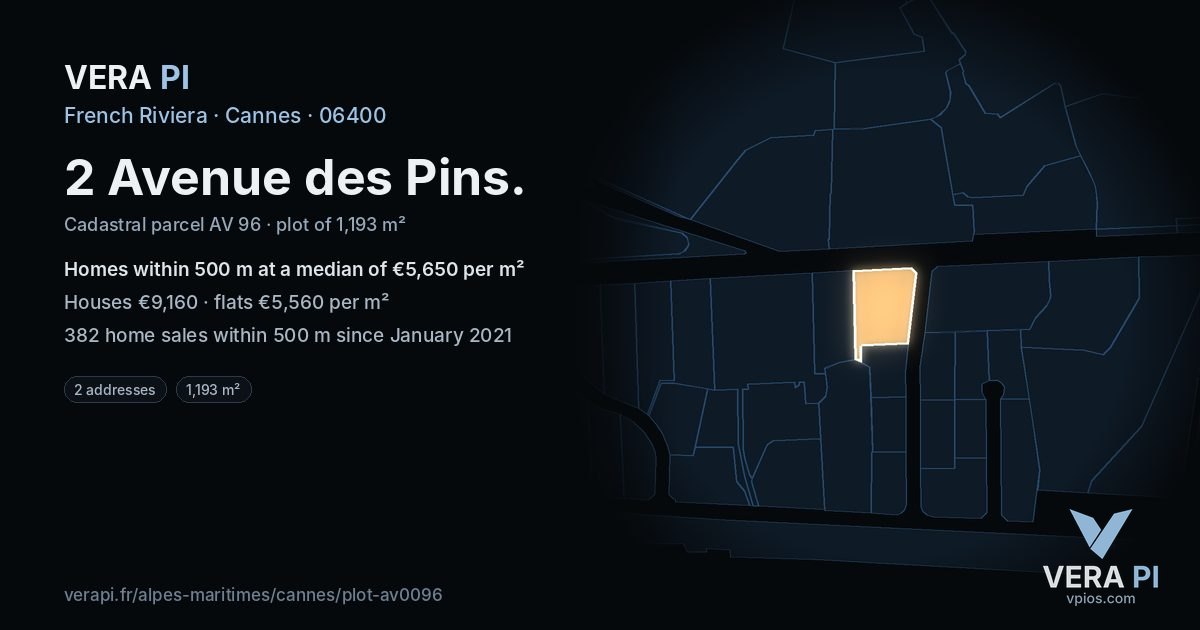 2 Avenue des Pins, Cannes at night – the plot lit, the parcels around coloured by the prices near them