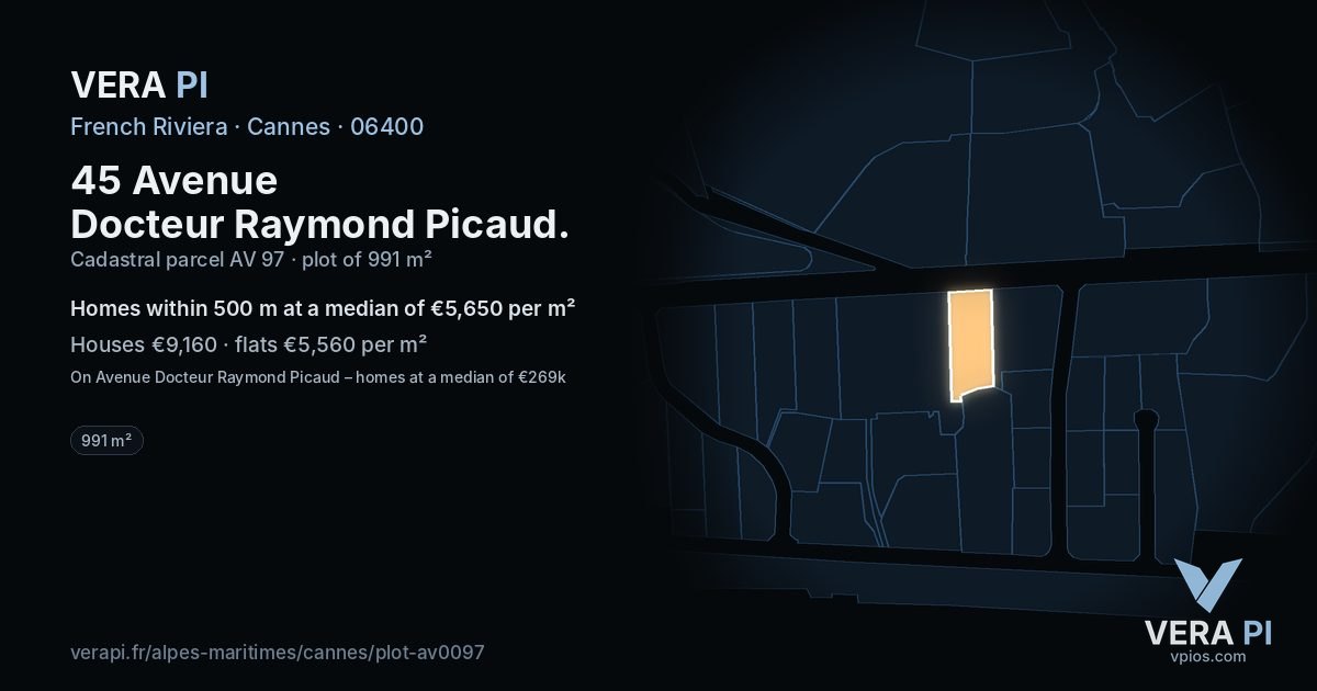 45 Avenue Docteur Raymond Picaud, Cannes at night – the plot lit, the parcels around coloured by the prices near them