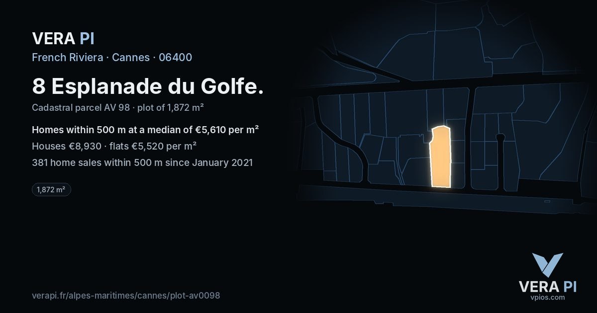 8 Esplanade du Golfe, Cannes at night – the plot lit, the parcels around coloured by the prices near them