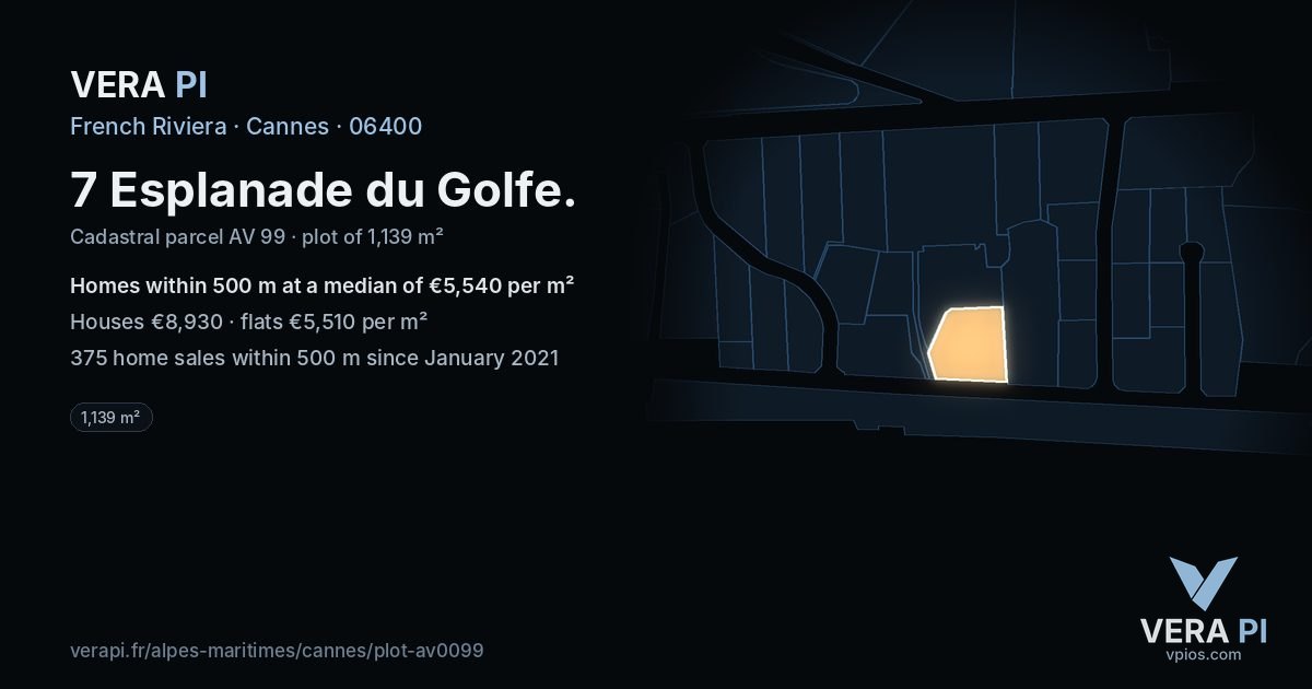 7 Esplanade du Golfe, Cannes at night – the plot lit, the parcels around coloured by the prices near them
