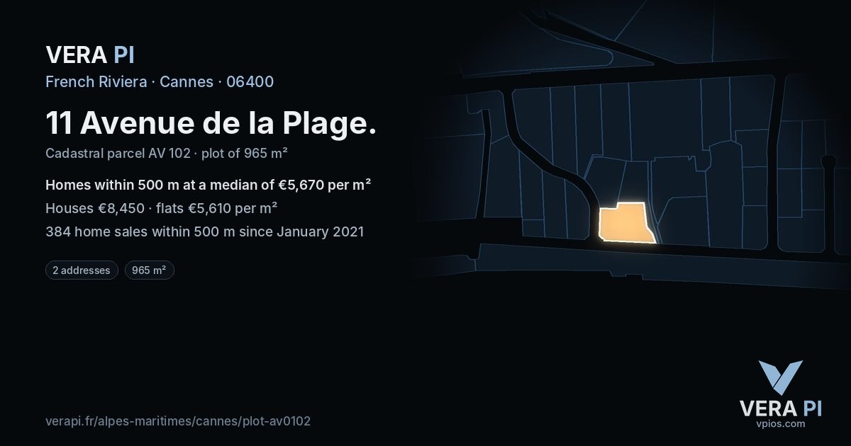 11 Avenue de la Plage, Cannes at night – the plot lit, the parcels around coloured by the prices near them
