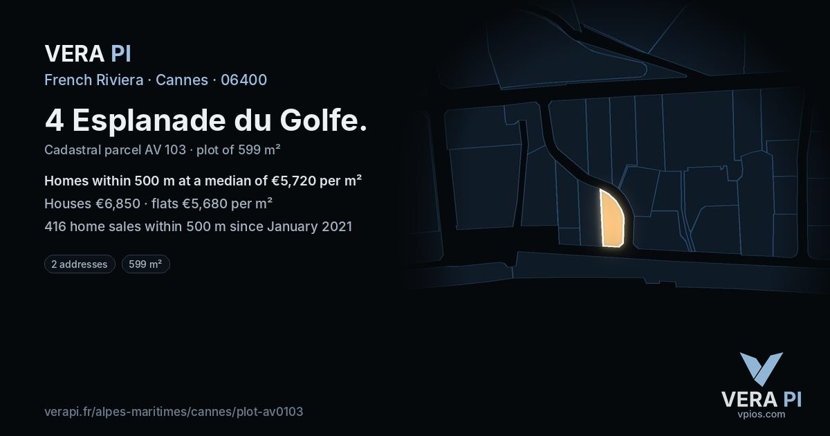 4 Esplanade du Golfe, Cannes at night – the plot lit, the parcels around coloured by the prices near them