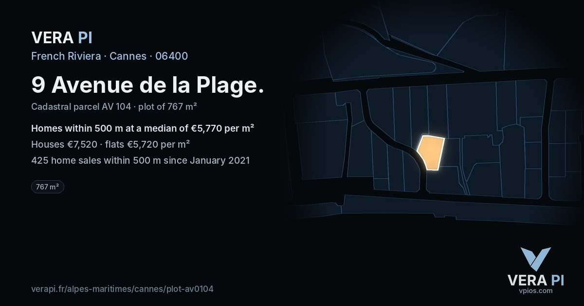 9 Avenue de la Plage, Cannes at night – the plot lit, the parcels around coloured by the prices near them
