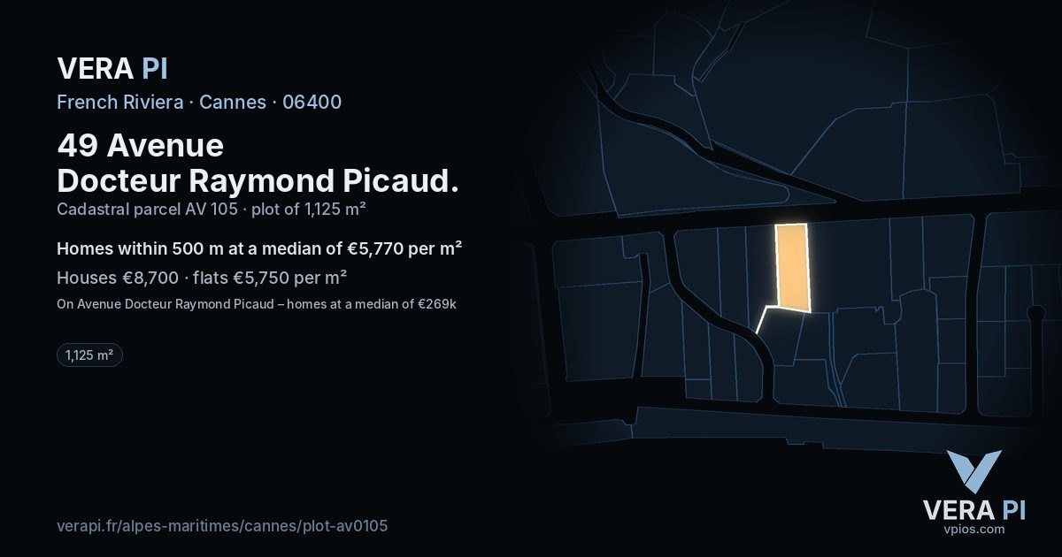 49 Avenue Docteur Raymond Picaud, Cannes at night – the plot lit, the parcels around coloured by the prices near them