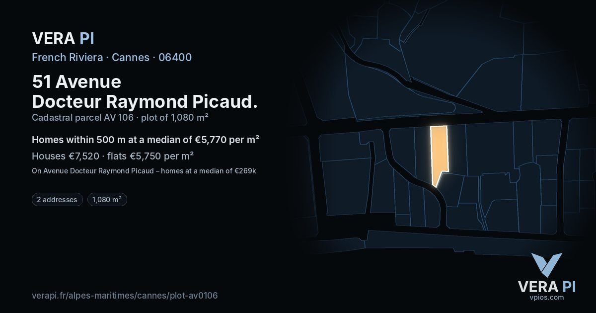 51 Avenue Docteur Raymond Picaud, Cannes at night – the plot lit, the parcels around coloured by the prices near them