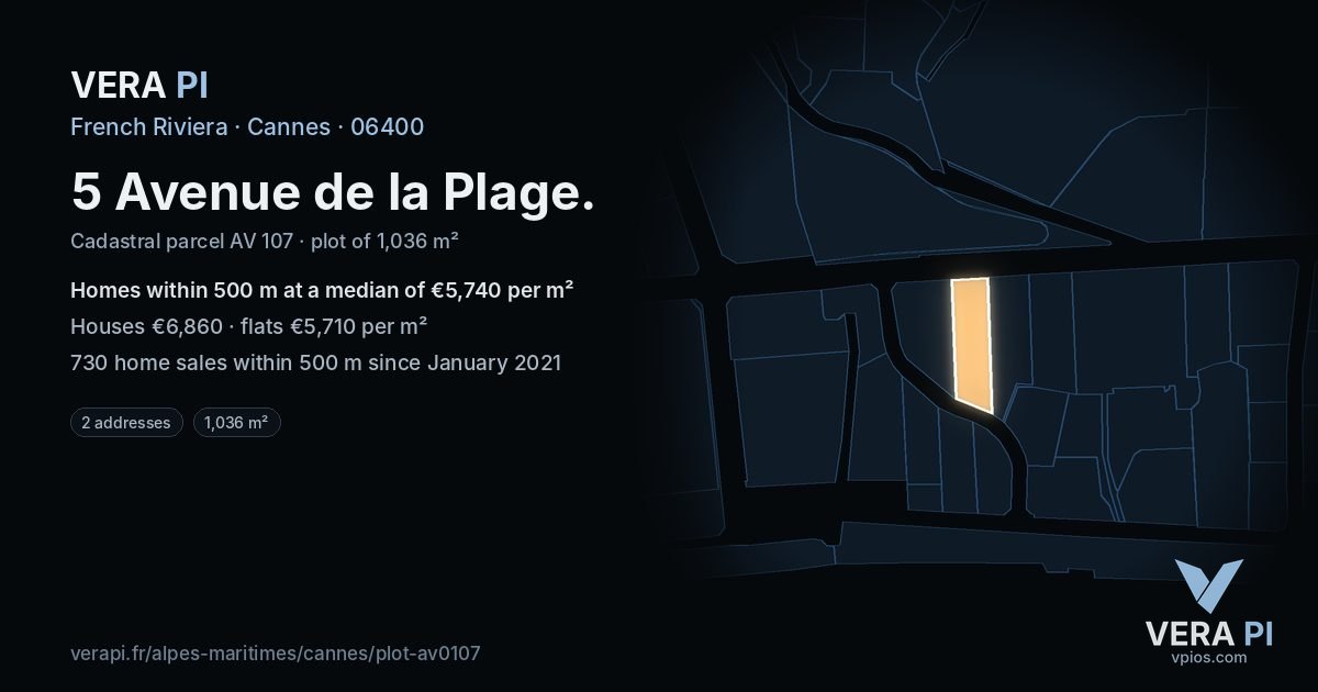 5 Avenue de la Plage, Cannes at night – the plot lit, the parcels around coloured by the prices near them