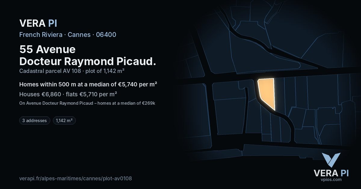 55 Avenue Docteur Raymond Picaud, Cannes at night – the plot lit, the parcels around coloured by the prices near them