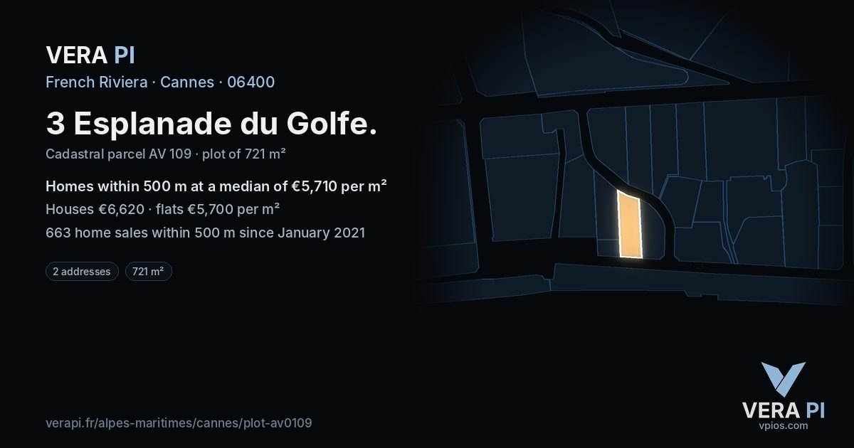 3 Esplanade du Golfe, Cannes at night – the plot lit, the parcels around coloured by the prices near them