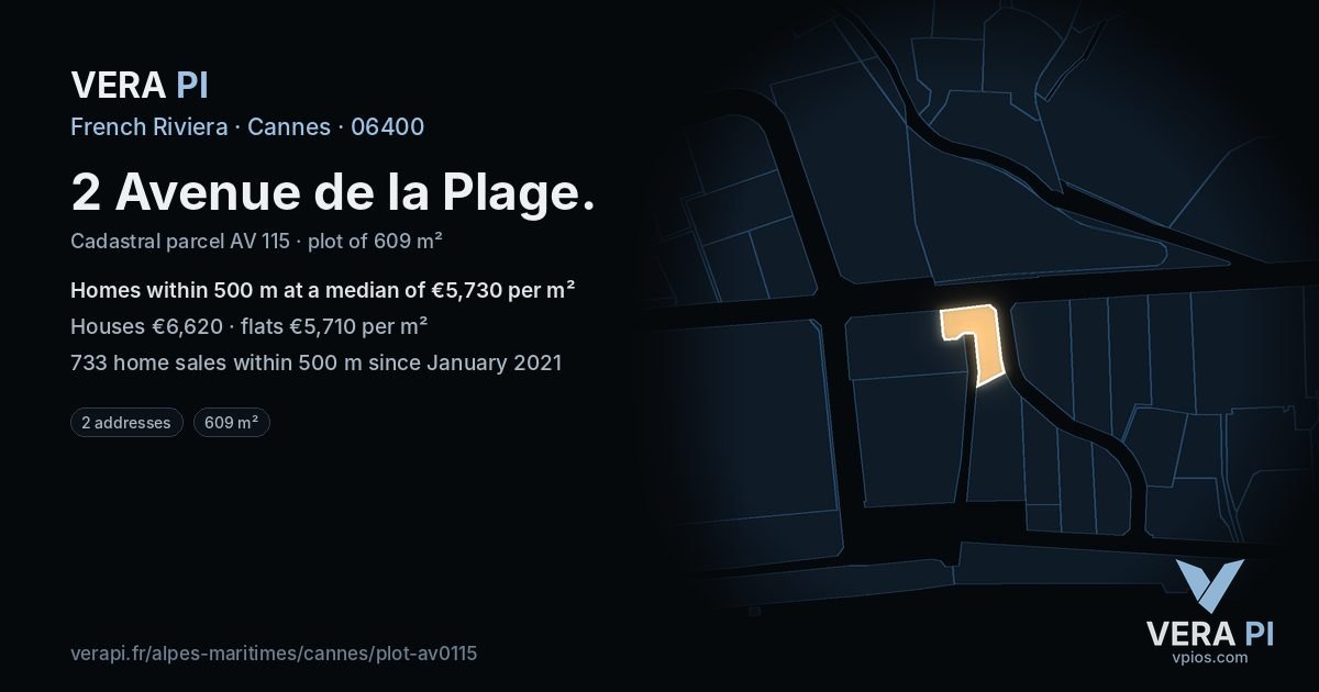 2 Avenue de la Plage, Cannes at night – the plot lit, the parcels around coloured by the prices near them
