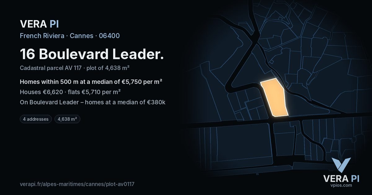 16 Boulevard Leader, Cannes at night – the plot lit, the parcels around coloured by the prices near them