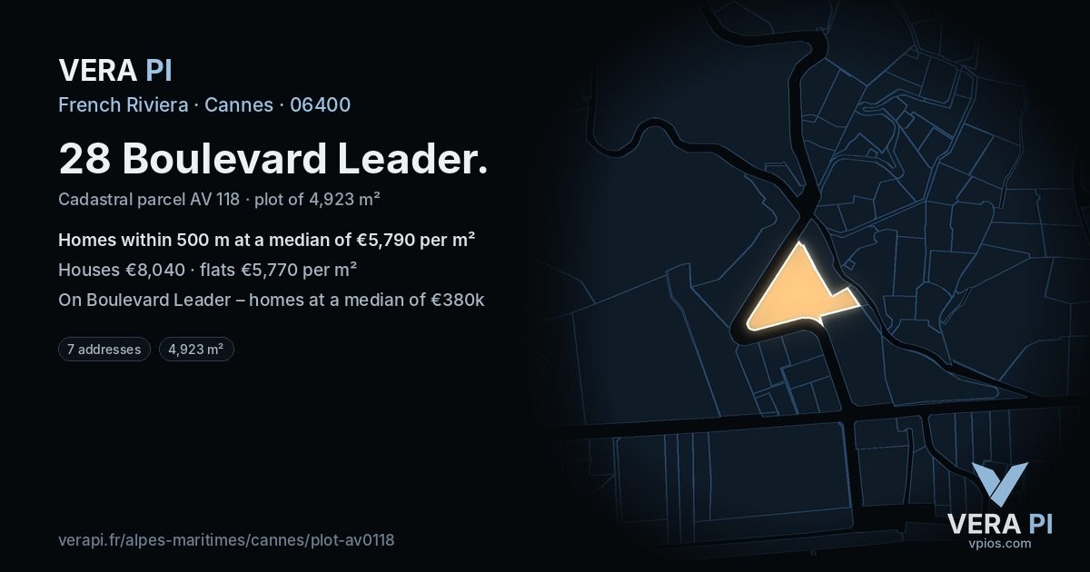 28 Boulevard Leader, Cannes at night – the plot lit, the parcels around coloured by the prices near them
