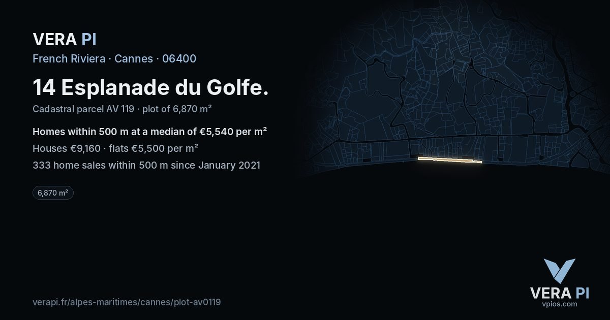 14 Esplanade du Golfe, Cannes at night – the plot lit, the parcels around coloured by the prices near them