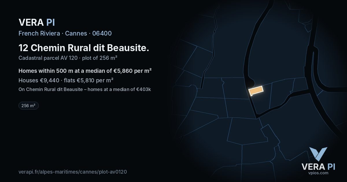 12 Chemin Rural dit Beausite, Cannes at night – the plot lit, the parcels around coloured by the prices near them