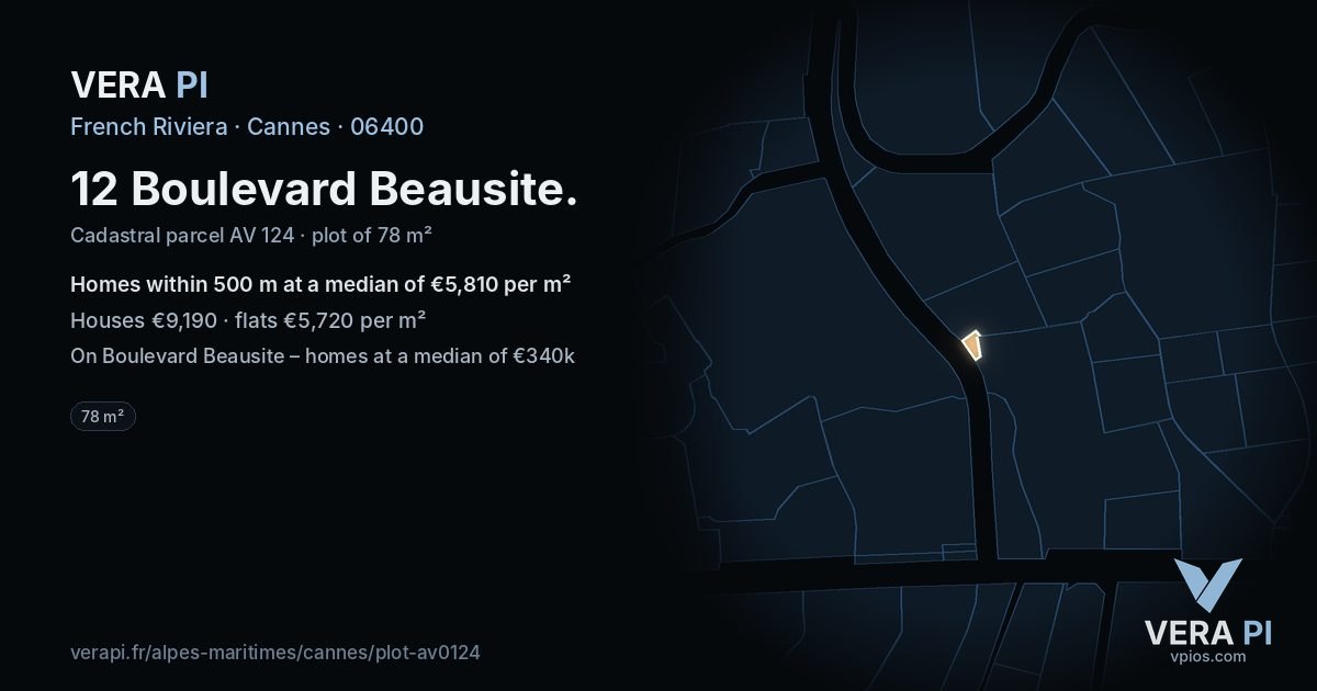 12 Boulevard Beausite, Cannes at night – the plot lit, the parcels around coloured by the prices near them