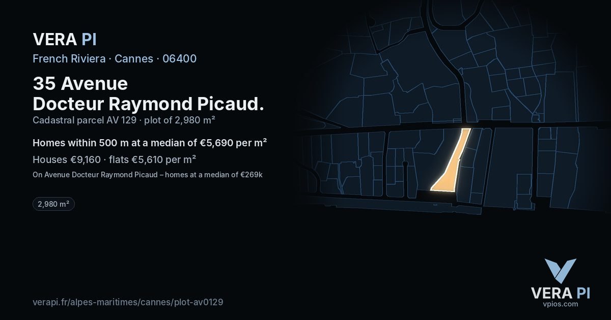 35 Avenue Docteur Raymond Picaud, Cannes at night – the plot lit, the parcels around coloured by the prices near them