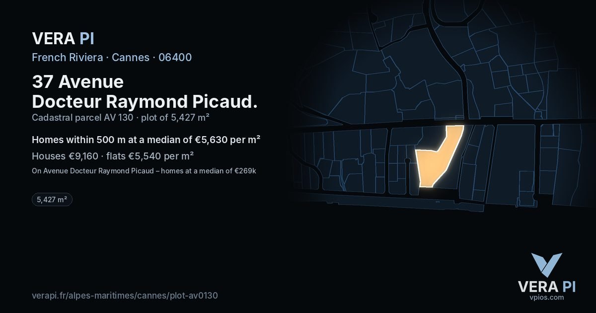 37 Avenue Docteur Raymond Picaud, Cannes at night – the plot lit, the parcels around coloured by the prices near them