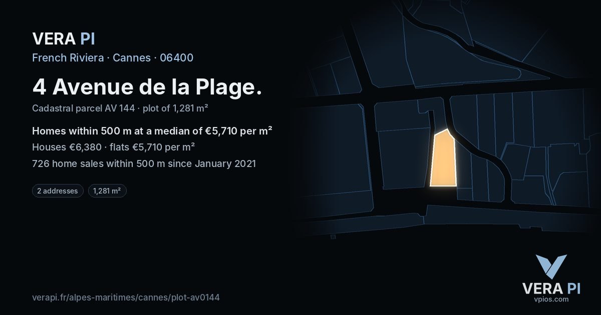 4 Avenue de la Plage, Cannes at night – the plot lit, the parcels around coloured by the prices near them