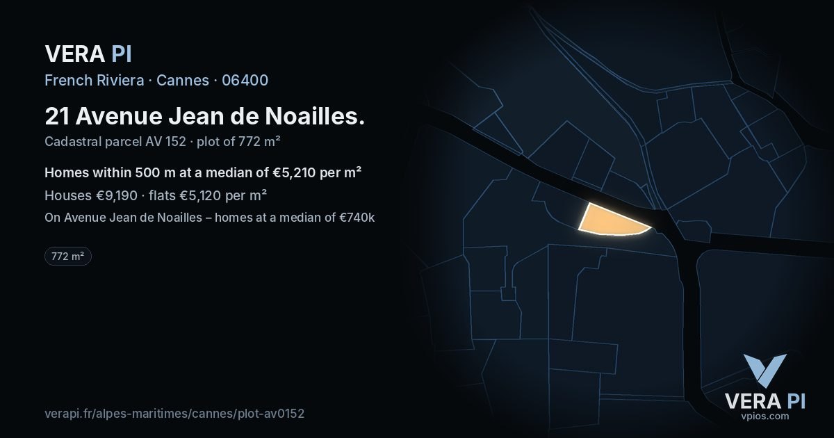 21 Avenue Jean de Noailles, Cannes at night – the plot lit, the parcels around coloured by the prices near them