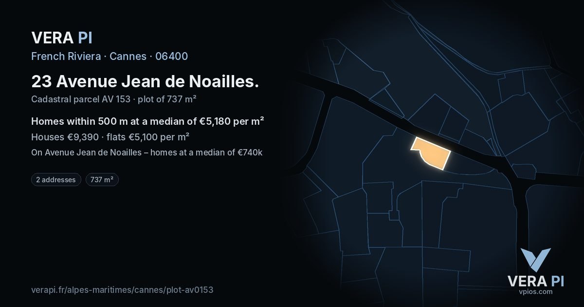 23 Avenue Jean de Noailles, Cannes at night – the plot lit, the parcels around coloured by the prices near them