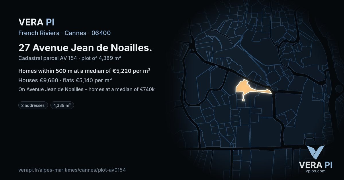 27 Avenue Jean de Noailles, Cannes at night – the plot lit, the parcels around coloured by the prices near them