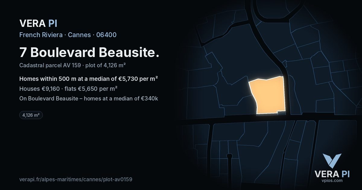 7 Boulevard Beausite, Cannes at night – the plot lit, the parcels around coloured by the prices near them