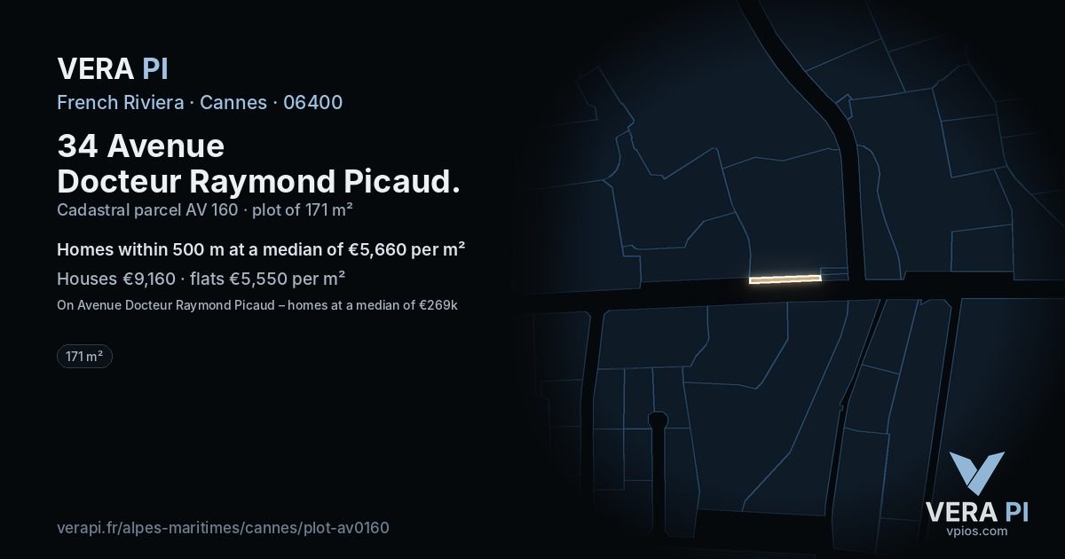 34 Avenue Docteur Raymond Picaud, Cannes at night – the plot lit, the parcels around coloured by the prices near them
