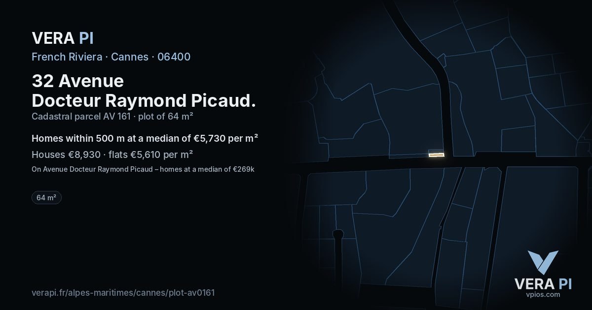 32 Avenue Docteur Raymond Picaud, Cannes at night – the plot lit, the parcels around coloured by the prices near them