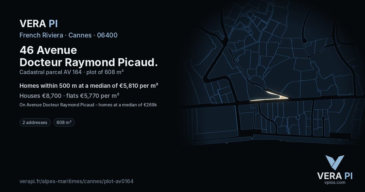 46 Avenue Docteur Raymond Picaud, Cannes at night – the plot lit, the parcels around coloured by the prices near them