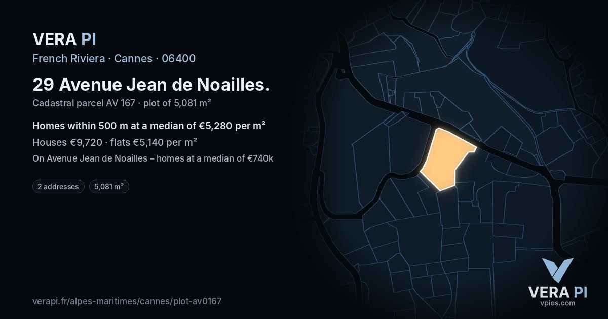 29 Avenue Jean de Noailles, Cannes at night – the plot lit, the parcels around coloured by the prices near them