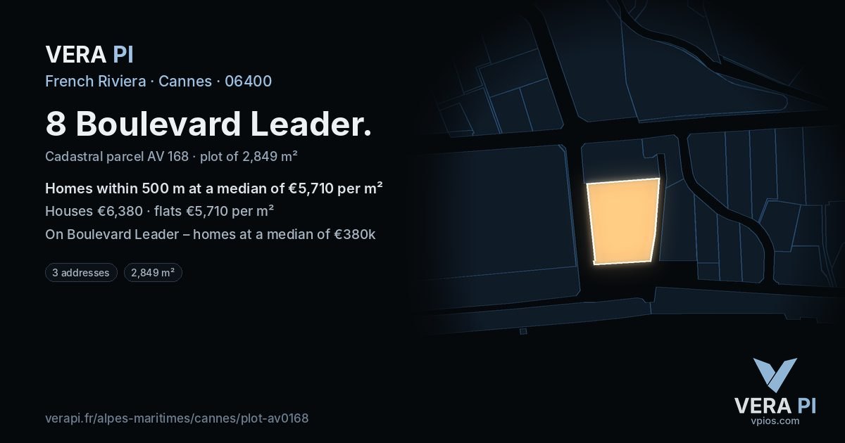 8 Boulevard Leader, Cannes at night – the plot lit, the parcels around coloured by the prices near them