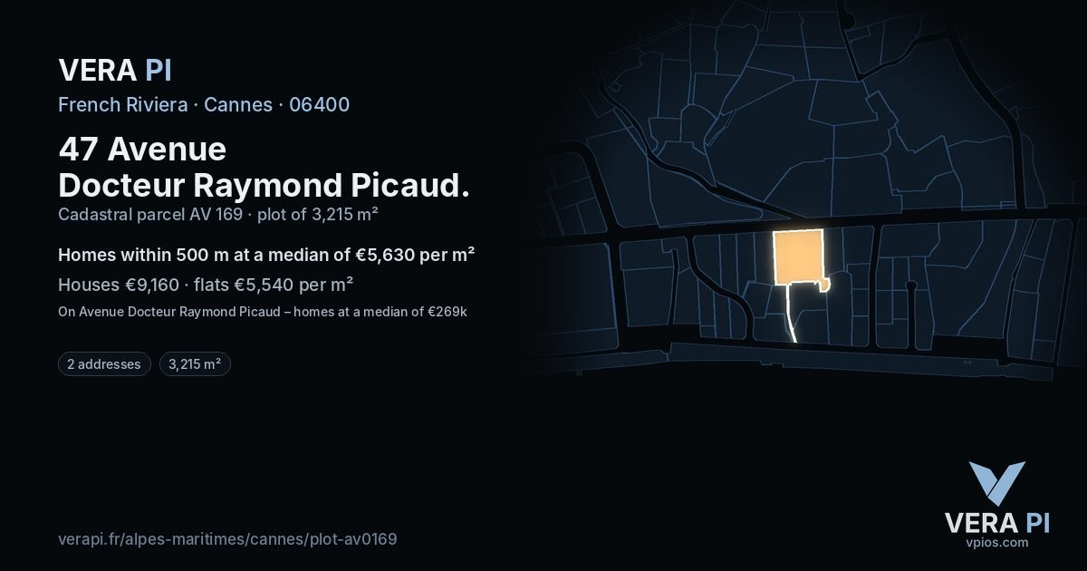 47 Avenue Docteur Raymond Picaud, Cannes at night – the plot lit, the parcels around coloured by the prices near them