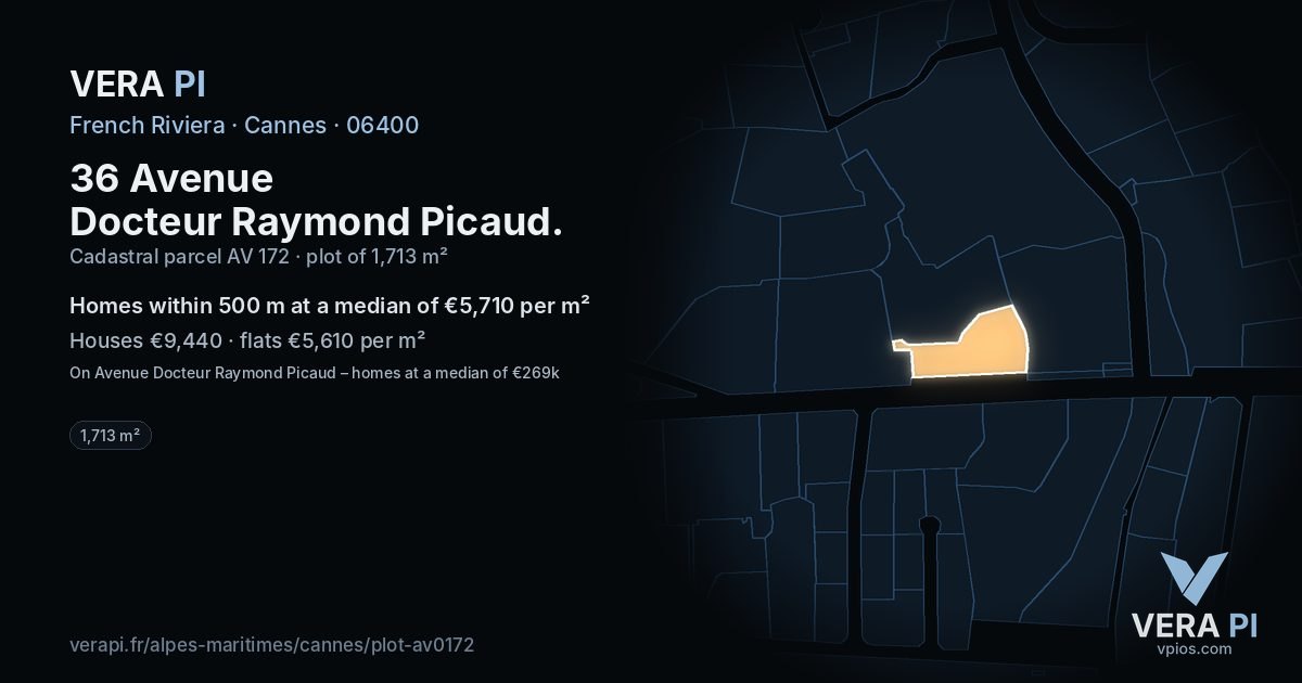 36 Avenue Docteur Raymond Picaud, Cannes at night – the plot lit, the parcels around coloured by the prices near them