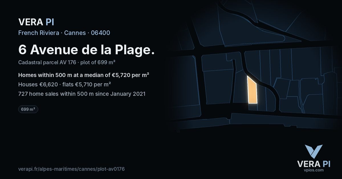 6 Avenue de la Plage, Cannes at night – the plot lit, the parcels around coloured by the prices near them
