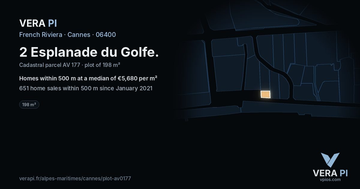 2 Esplanade du Golfe, Cannes at night – the plot lit, the parcels around coloured by the prices near them